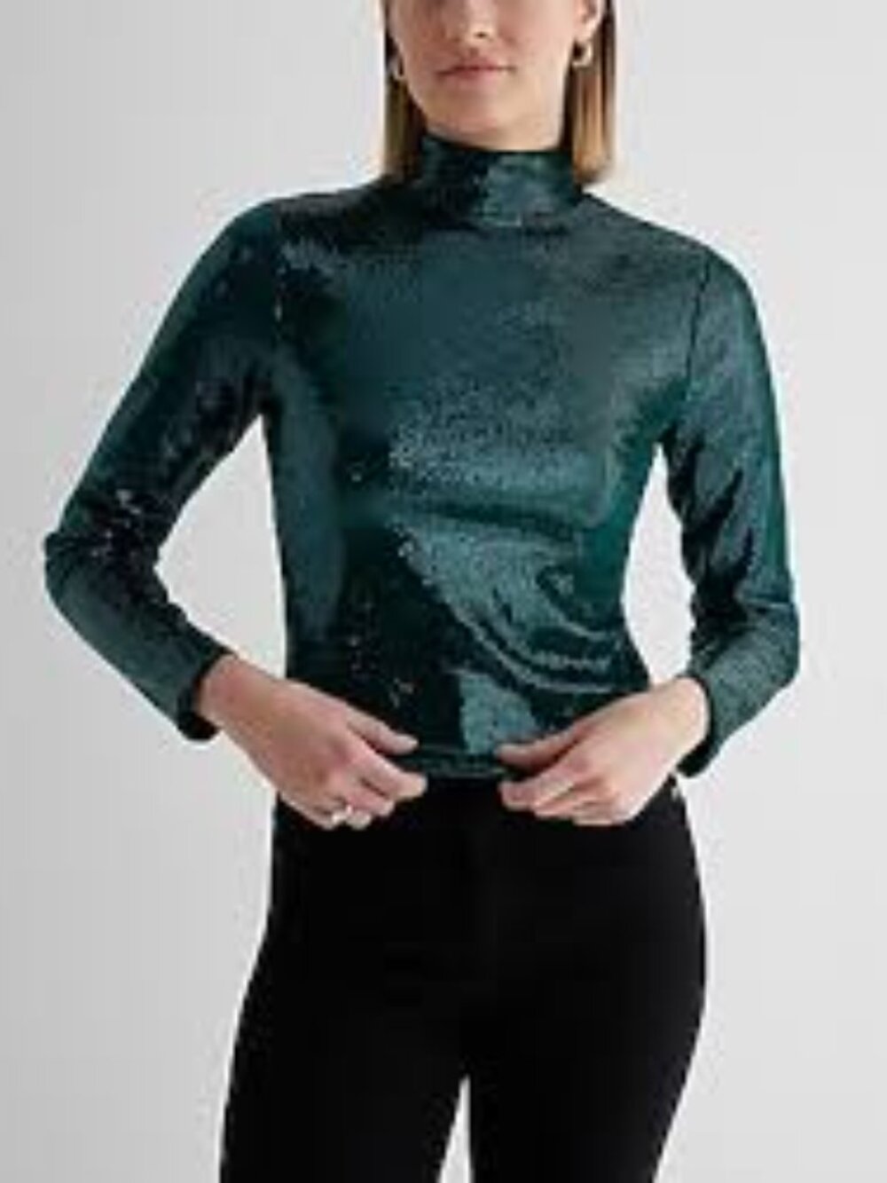 NWT Express Body Contour Emerald Sequin Mock Neck Long Sleeve Top S - Picture 2 of 10